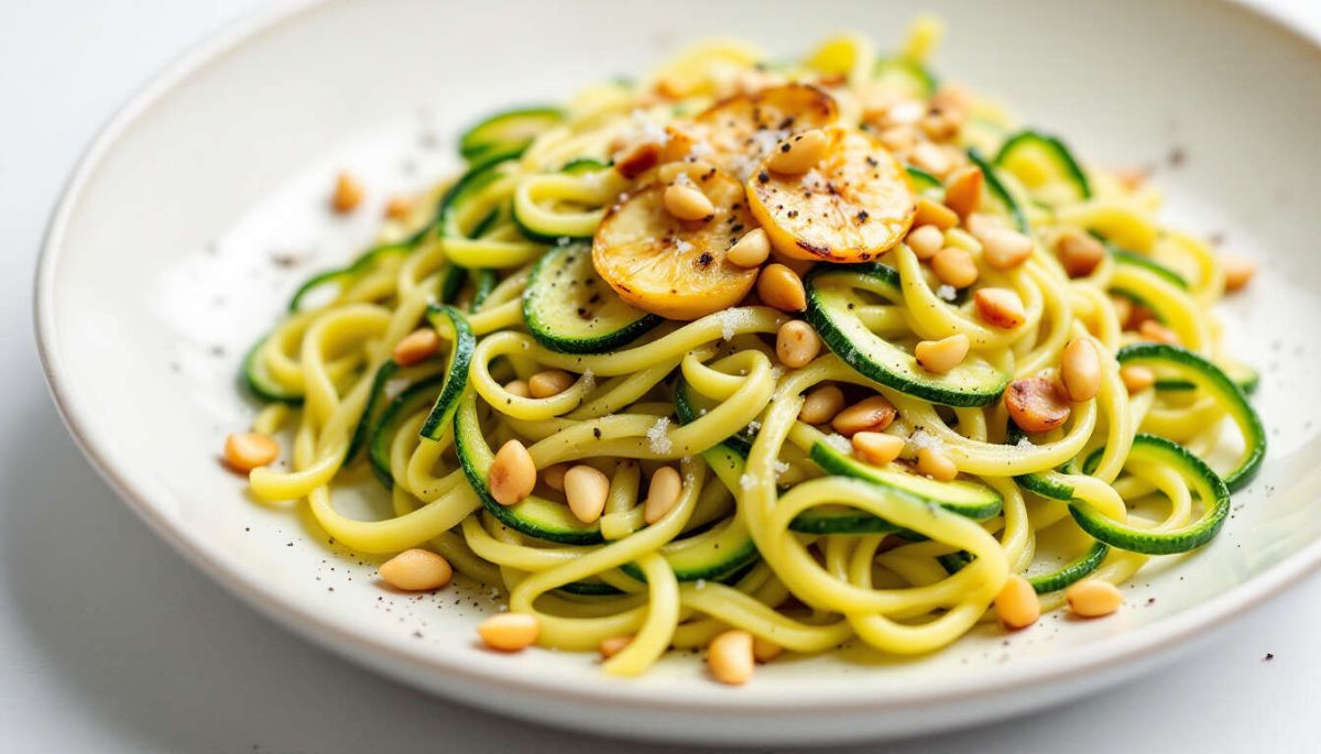 Délicieuses tagliatelles de courgettes aux pignons de pin et huile de riz