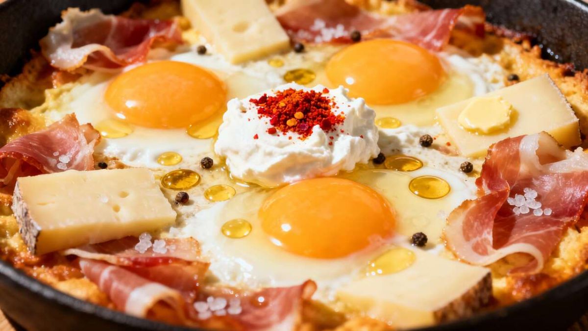 la délicatesse des œufs cocotte au fromage de brebis et jambon de Bayonne