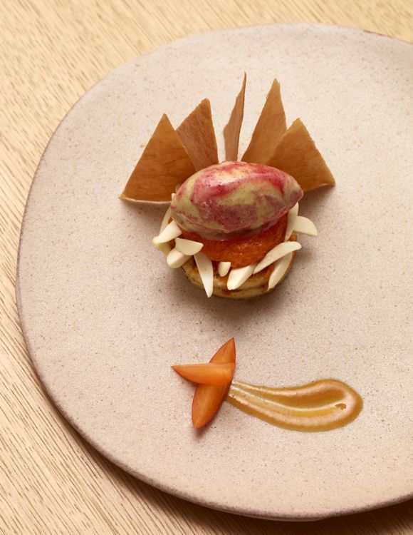 Abricots de Provence moelleux cuits au four, agrémentés d’amandes fraîches et d’une glace bayadère pistache-framboise