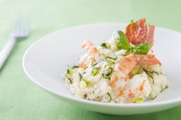Risotto aux gambas, courgettes et pancetta croustillante