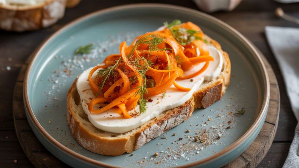 Une entrée délicate : toasts au fromage frais et pickles de carottes