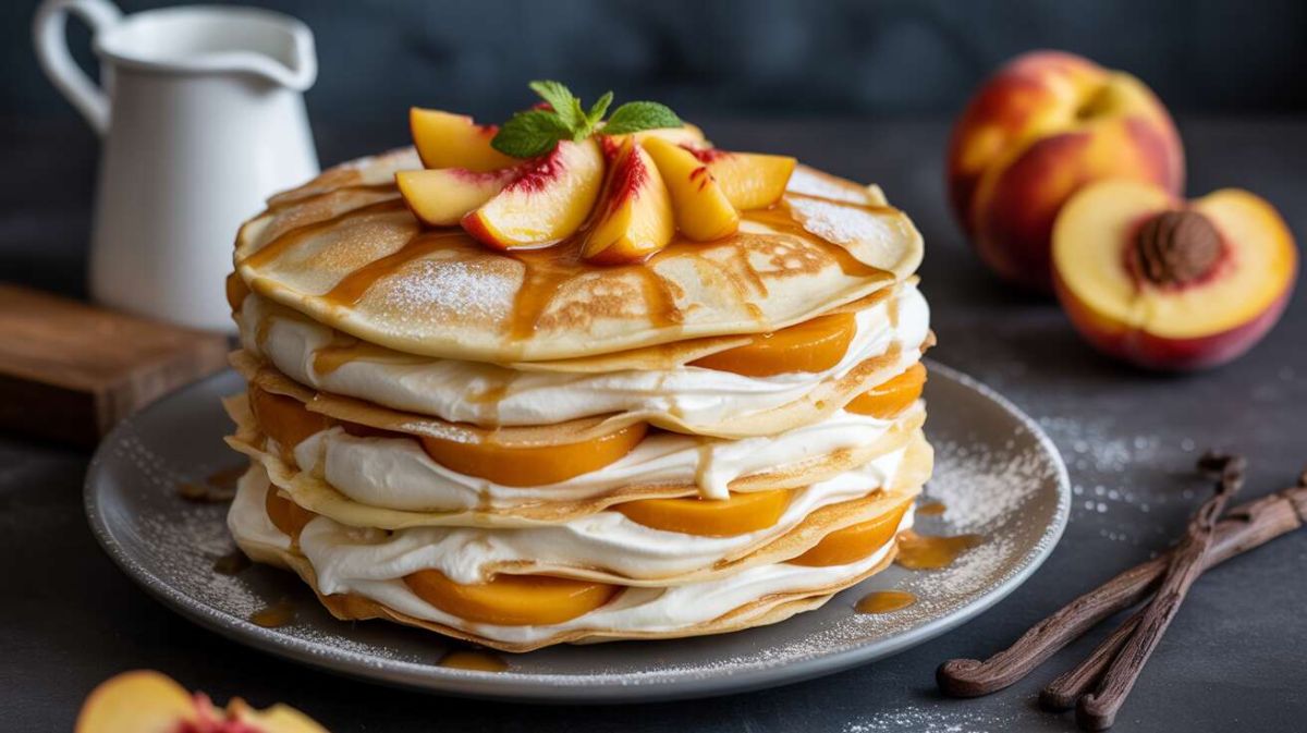 Gâteau de crêpes express à la chantilly légère et aux pêches
