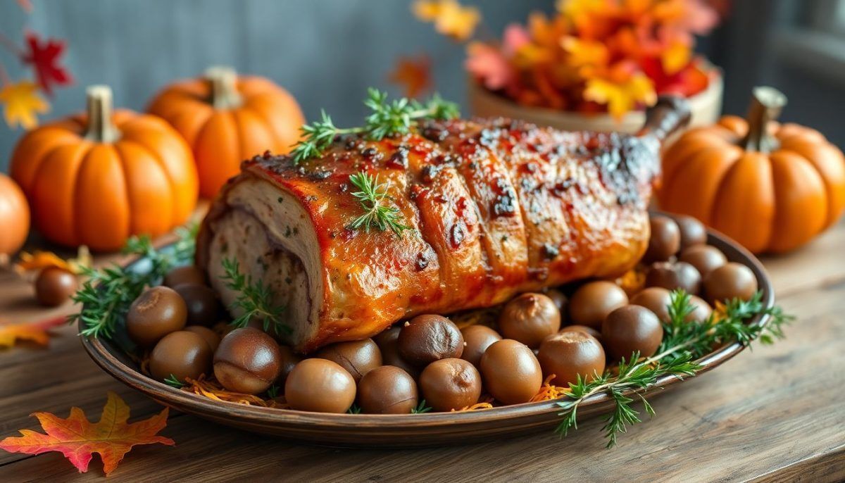 Un dîner convivial avec un rôti de porc aux marrons