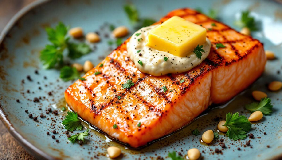 Saumon grillé à la sauce aux pignons : un plat chic selon Bridget Jones