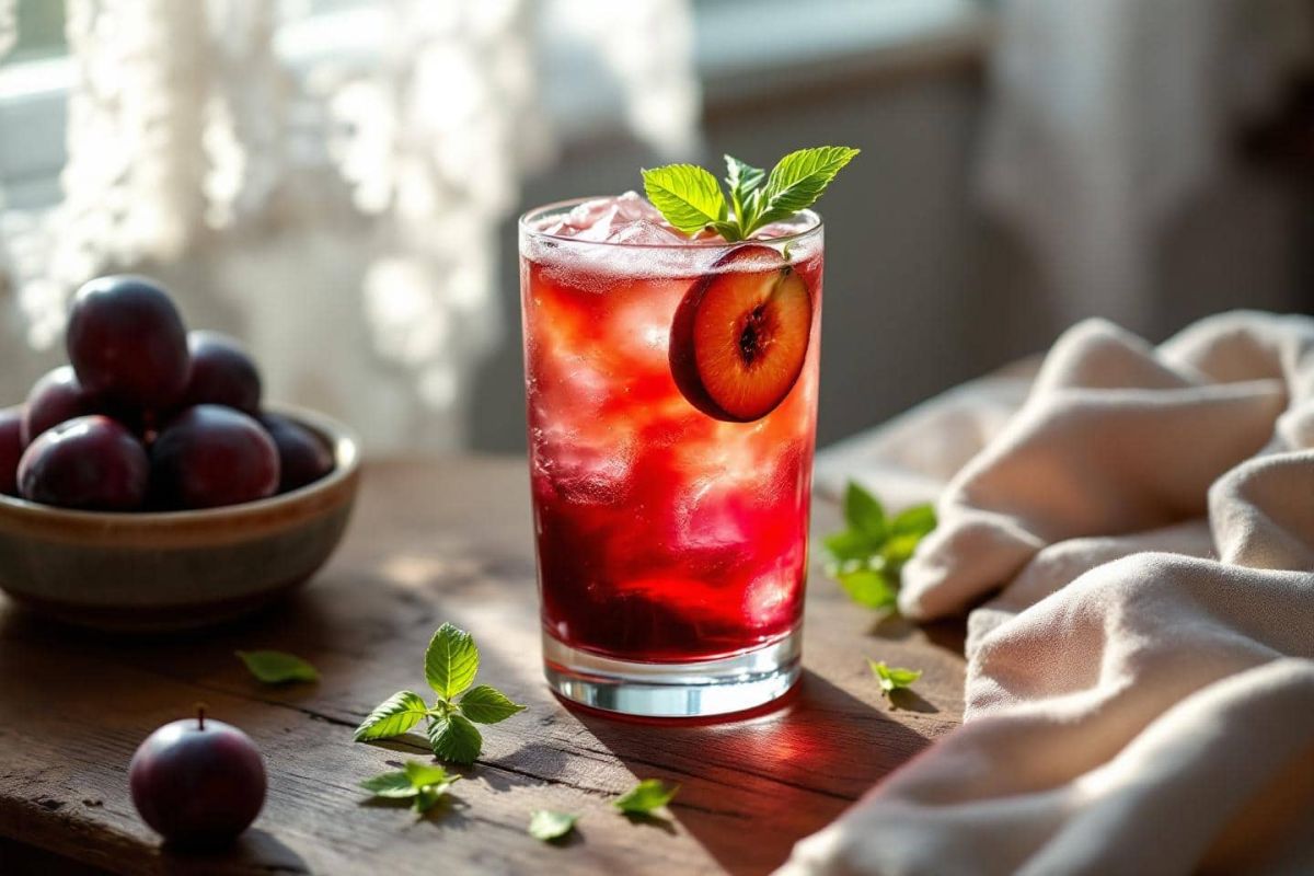 Un cocktail audacieux : le spritz à la prune rouge et shiso citronné